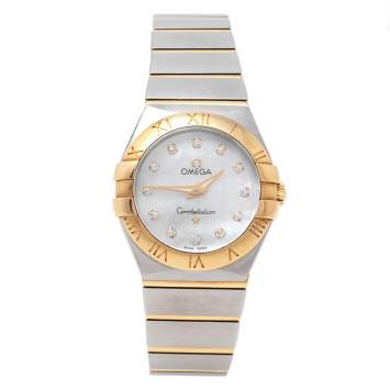 Pre Owned Omega Mother of Pearl 18K Yellow Gold & Stainless Steel Diamond Constellation 123.20.27.60.55.002 Women's Wristwatch 27 mm