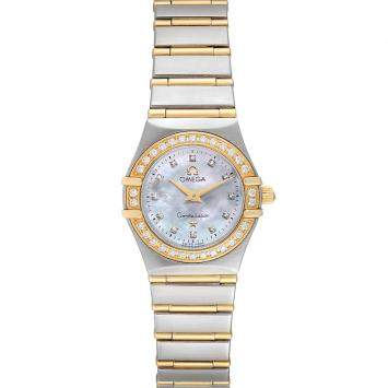 Pre Owned Omega MOP Diamonds 18K Yellow Gold And Stainless Steel Constellation 1267.75.00 Women's Wristwatch 22.5 MM