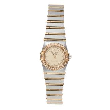 Pre Owned Omega Champagne 18K Yellow Gold Stainless Steel Diamond Constellation 895.1080.1 Women's Wristwatch 22 mm