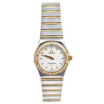 Pre Owned Omega Cream 18k Yellow Gold Stainless Steel Diamond Constellation 795.1202 Women's Wristwatch 25 mm  
