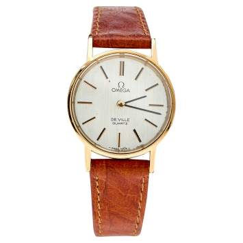 Pre Owned Omega Silver Gold Plated Stainless Steel Leather Vintage De Ville 591.0044 Women's Wristwatch 24 mm