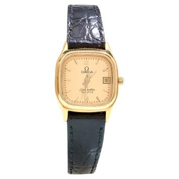 Pre Owned Omega Champagne Gold Plated Stainless Steel Leather Seamaster Brest 596.0045 Women's Wristwatch 22 mm