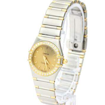 Pre Owned Omega Champagne Diamonds 18k Yellow Gold And Stainless Steel Constellation 1267.10 Women's Wristwatch 22 MM