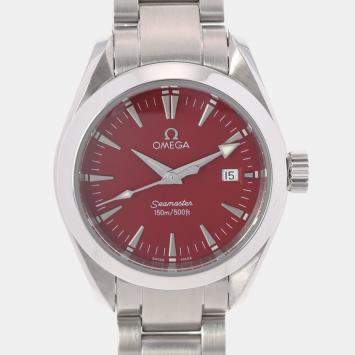 Pre Owned Omega Red Stainless Steel Seamaster Aqua Terra 2577.60 Quartz Women's Wristwatch 28 mm