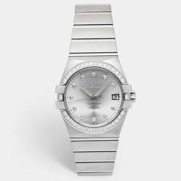 Pre Owned Omega Silver Stainless Steel Diamond Constellation 123.15.35.20.52.001 Women's Wristwatch 35 mm