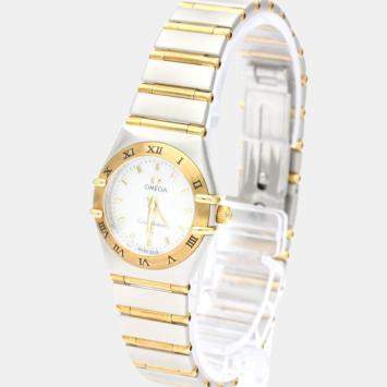 Pre Owned Omega White Shell 18k Yellow Gold And Stainless Steel Constellation 1262.70 Quartz Women's Wristwatch 22 mm