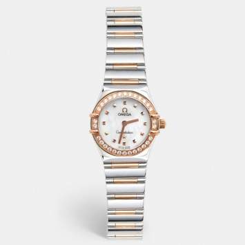 Pre Owned Omega MOP Diamonds 18k Rose Gold And Stainless Steel Constellation My Choice 1368.71.00 Women's Wristwatch 22.5 mm