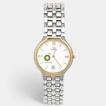 Pre Owned Omega White 18K Yellow Gold Stainless Steel 'British Petroleum 25 Years' De Ville Symbol 4330.23.00 Women's Wristwatch 32 mm