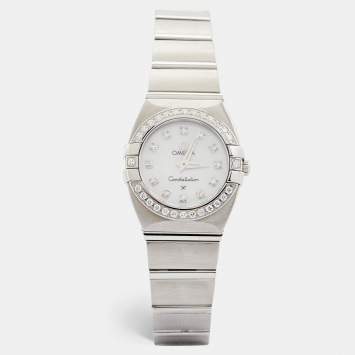 Pre Owned Omega MOP Diamonds Stainless Steel Constellation 123.15.24.60.05.001 Women's Wristwatch 24 mm