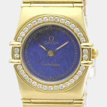 Pre Owned Omega Blue Diamonds 18K Yellow Gold Constellation 895.1081 Quartz Women's Wristwatch 22 mm