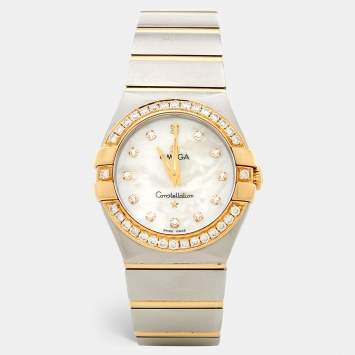 Pre Owned Omega Mother Of Pearl 18K Yellow Gold Stainless Steel Diamond Constellation 123.20.27.60.55.004 Women's Wristwatch 27 mm