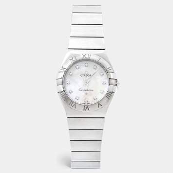 Pre Owned Omega Mother Of Pearl Stainless Steel Diamond Constellation 123.10.27.60.55.001 Women's Wristwatch 27 mm