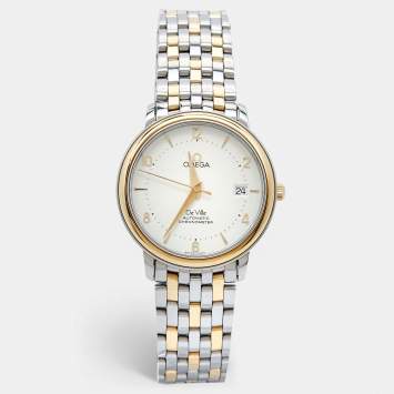 Pre Owned Omega Cream 18k Yellow Gold Stainless Steel De Ville Prestige 4312.21.00 Men's Wristwatch 36.5 mm 