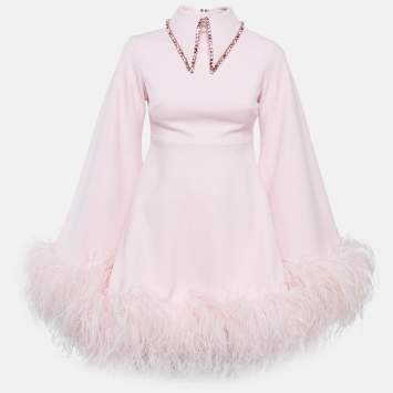 Pre Owned Onori Pink Crepe Faux Feather Detail Mini Dress S