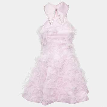 Pre Owned Onori Pink Satin Feather Trim The Grace Mini Dress M