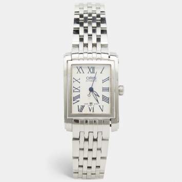 Pre Owned Oris Silver Guilloche Stainless Steel Rectangular Date 01 561 7656 4071-07 8 17 82 Women's Wristwatch 24.50 mm