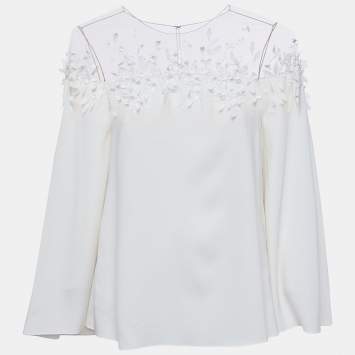 Pre Owned Oscar de la Renta Off-White Embellished Silk Cape Detail Top S