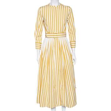 Pre Owned Oscar de la Renta Yellow Striped Cotton Pleated Belted Maxi Dress XS