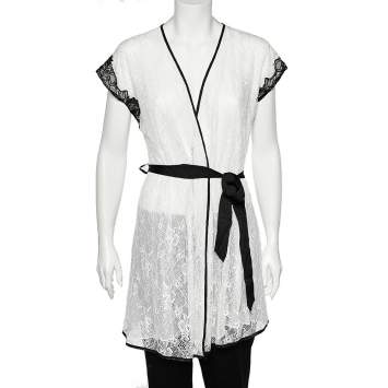 Pre Owned Oscar de la Renta Monochrome Lace Nightwear Wrap Dress M