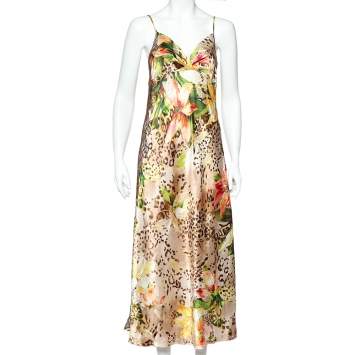 Pre Owned Oscar de la Renta Negligee Multicolor Printed Satin & Lace Slip Dress M