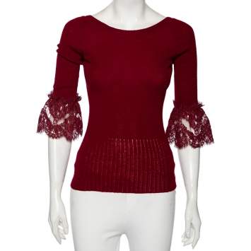 Pre Owned Oscar de la Renta Red Merino Wool & Lace Trim Detailed Long Sleeve Top S