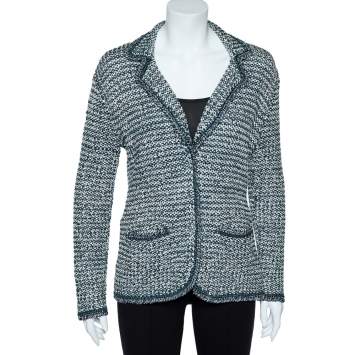 Pre Owned Oscar de la Renta Green Lurex Hand Knit Button Front Blazer XL