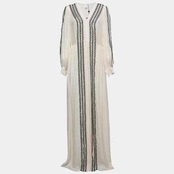 Pre Owned Oscar de la Renta White Silk & Lace Trimmed Pleated Maxi Dress L
