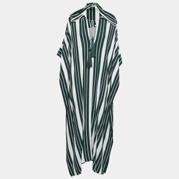 Pre Owned Oscar de la Renta Green Striped Crepe Hooded Kaftan Dress L