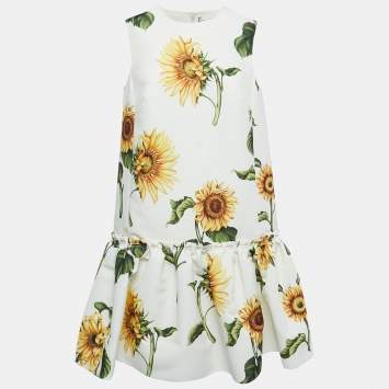 Pre Owned Oscar de la Renta White Sunflower Printed Faille Shift Dress M