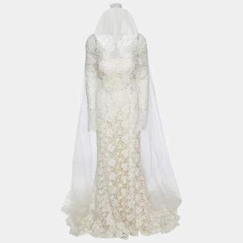 Pre Owned Oscar de la Renta Off-White Floral Guipure Lace Embellished Gown L