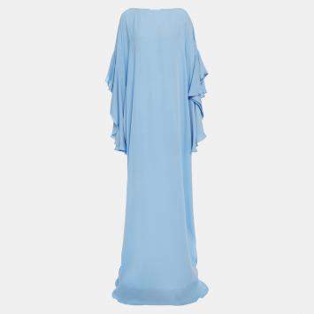 Pre Owned Oscar de la Renta Blue Silk Draped Gown S
