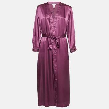 Pre Owned Oscar de la Renta Purple Lace Trim Satin Gown and Robe S