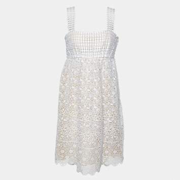 Pre Owned Oscar de la Renta Ivory Guipure Lace Tulle Sleeveless Dress L