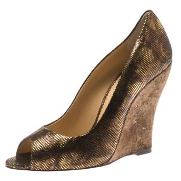 Pre Owned Oscar de la Renta Metallic Bronze Leather Romana Cork Wedge Peep Toe Pumps Size 40
