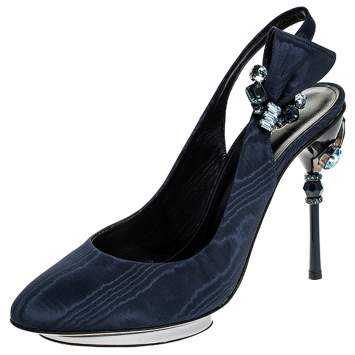 Pre Owned Oscar De La Renta Blue Faille Fabric Crystal Embellished Juliette Slingback Sandals Size 39.5