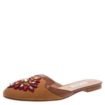 مملوكة مسبقًا Oscar De La Renta Brown Embellished Canvas and Leather Flat Spanish Mules Size 37