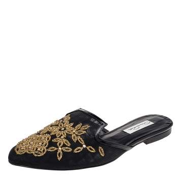Pre Owned Oscar de la Renta Black/Gold Mesh Embellished Mules Size 41