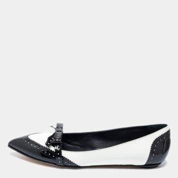 Pre Owned Oscar de la Renta Black/White Brogue Patent and Leather Hennit Ballet Flats Size 39