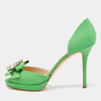 Pre Owned Oscar de la Renta Green Fabric Crystal Embellished Rosalba D' Orsay Peep Toe Pumps Size 40