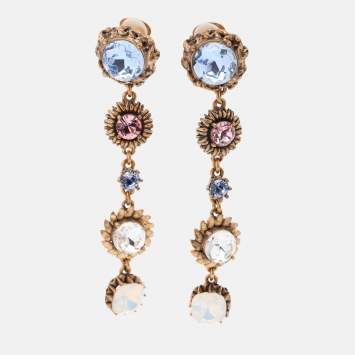 Pre Owned Oscar de la Renta Gold Tone Multicolor Crystal Drop Earrings