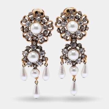 Pre Owned Oscar de la Renta Gold Tone Faux Pearland Crystals Embellished Earrings