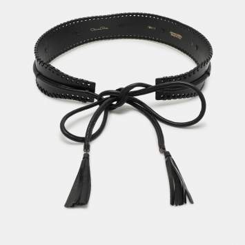 Pre Owned Oscar de la Renta Black Leather Whipstitch Detail Wrap Around Waist Belt 86CM