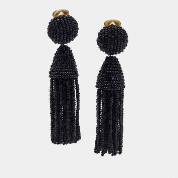 Pre Owned Oscar de la Renta  Black Beaded Short Tassel Clip On Earrings
