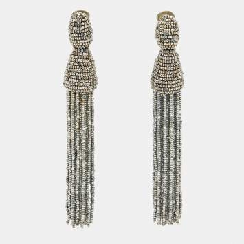 Pre Owned Oscar de la Renta Beads Silver Tone Metal Earrings