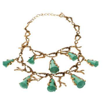 Pre Owned Oscar de la Renta Turquoise Resin Shell & Gold Tone Coral Two-tier Necklace