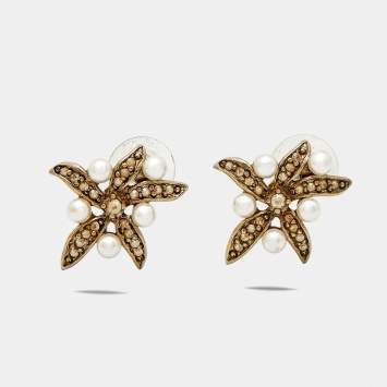 Pre Owned Oscar de la Renta Starfish Faux Pearls Crystal Gold Tone Earring