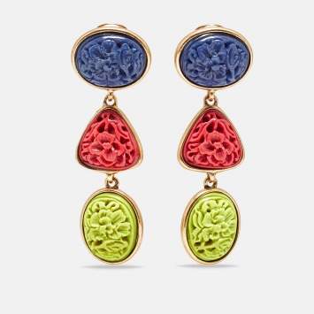 Pre Owned Oscar de la renta Carved Resin Gold Tone Clip-On Drop Earrings