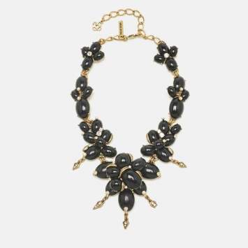 Pre Owned Oscar de la Renta Resin Crystals Gold Tone Necklace