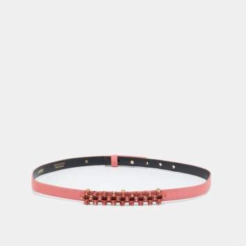 مملوكة مسبقًا Oscar de la Renta Coral Orange Satin Crystal Embellished Slim Belt M