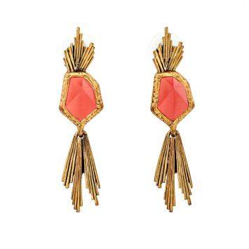 Pre Owned Oscar de la Renta Red Crystal Gold Tone Long Earrings